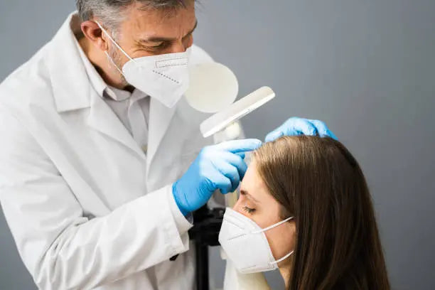 Dermatologist Doctor Checking Woman Hair For Dandruff In Face Mask